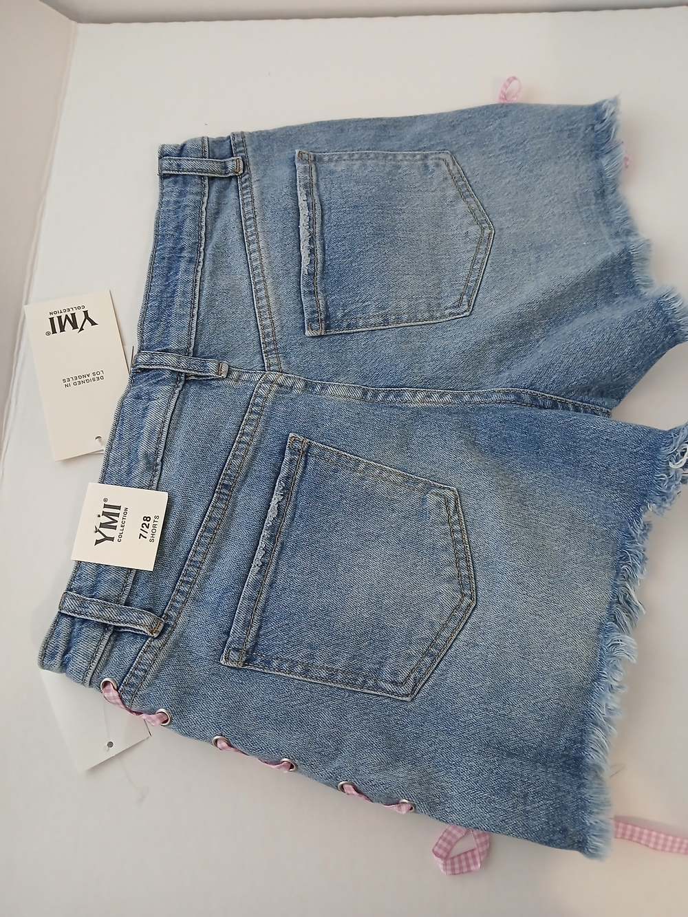 YMI Light Blue Denim Shorts with Pink Gingham Lace-Up Size 7/25 $18 - Picture 9 of 10